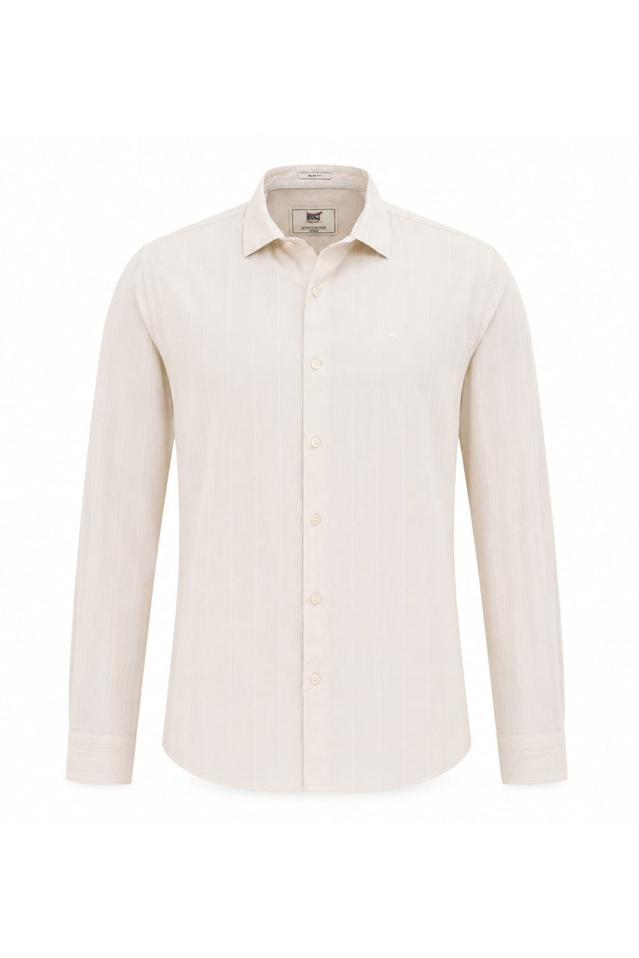 BASICS SLIM FIT TURTLEDOVE BEIGE COTTON SEERSUCKER CRINKLE DOBBY STRIPE SHIRT