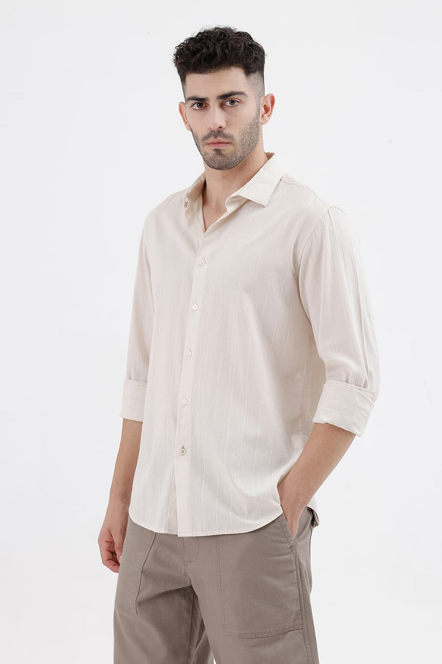 BASICS SLIM FIT TURTLEDOVE BEIGE COTTON SEERSUCKER CRINKLE DOBBY STRIPE SHIRT