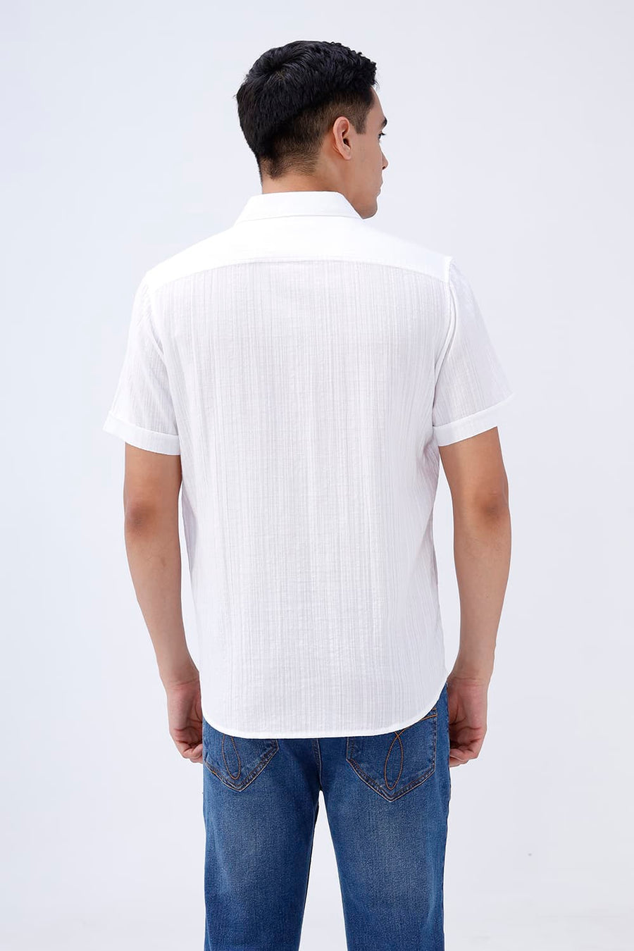 BASICS SLIM FIT BLUE COTTON DOBBY STRIPE HALFSLEEVES SHIRT