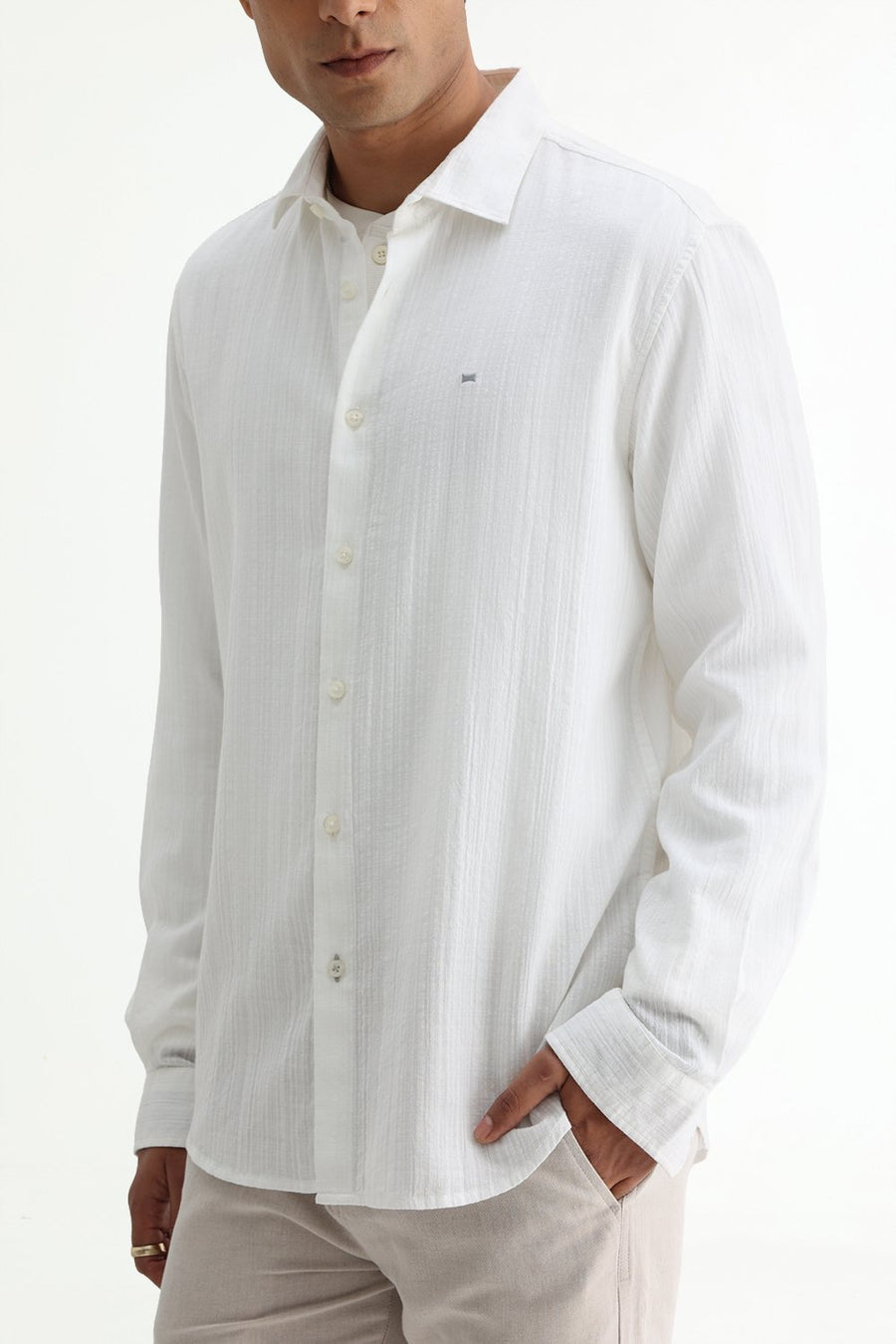 BASICS SLIM FIT BLUE COTTON DOBBY STRIPE SHIRT
