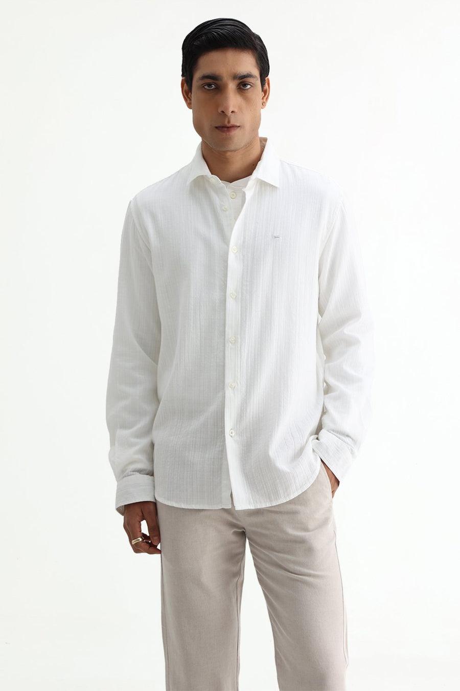 BASICS SLIM FIT BLUE COTTON DOBBY STRIPE SHIRT