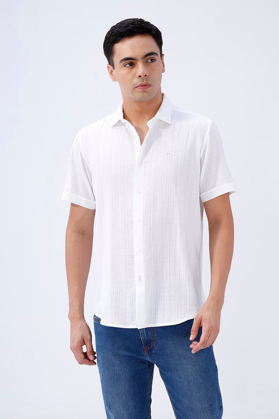 BASICS SLIM FIT BLUE COTTON DOBBY STRIPE HALFSLEEVES SHIRT