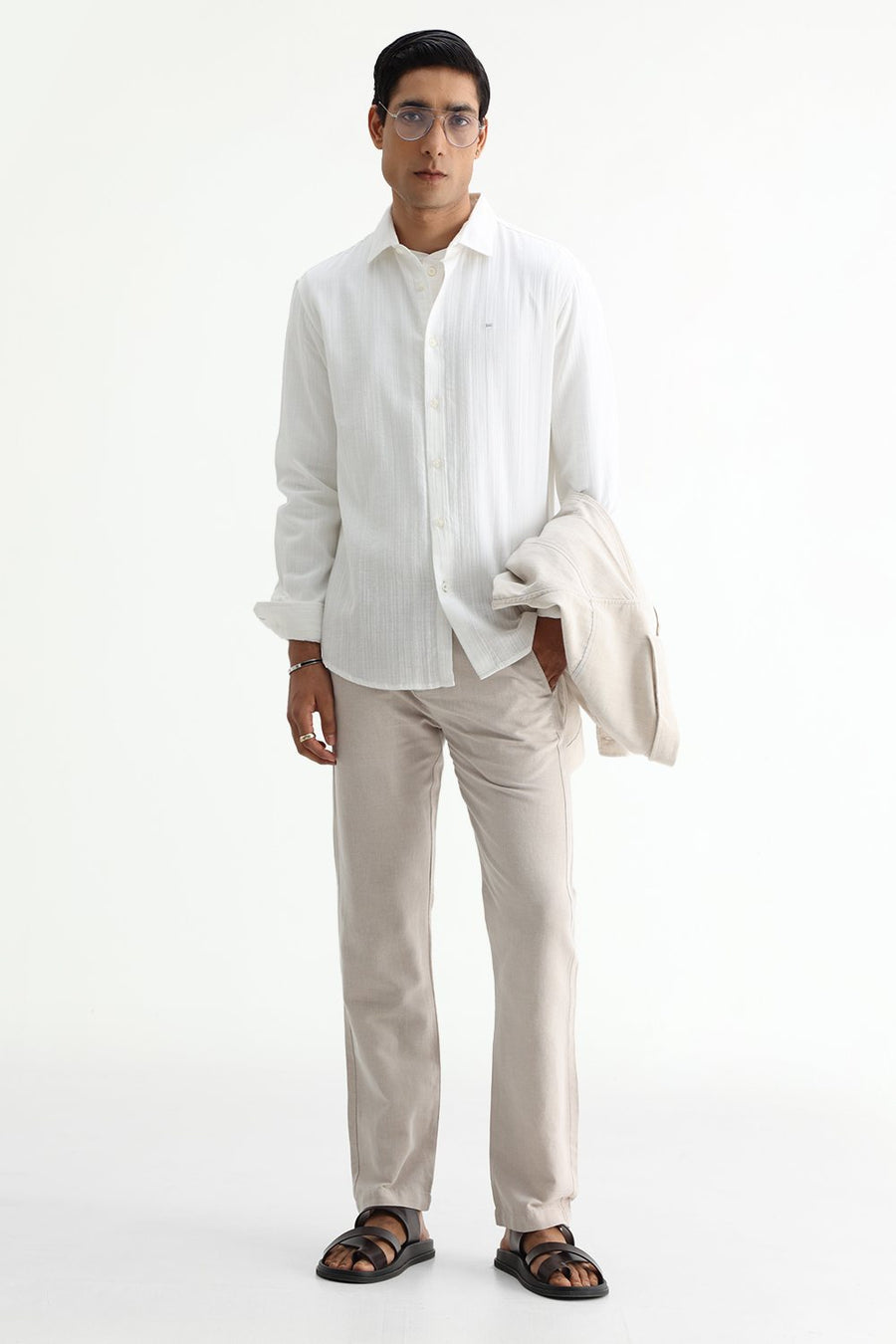 BASICS SLIM FIT BLUE COTTON DOBBY STRIPE SHIRT