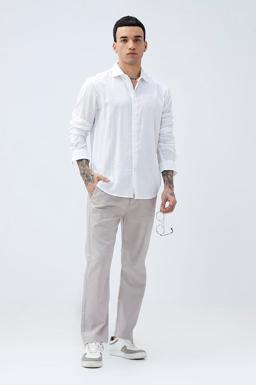BASICS SLIM FIT BLUE COTTON DOBBY STRIPE SHIRT