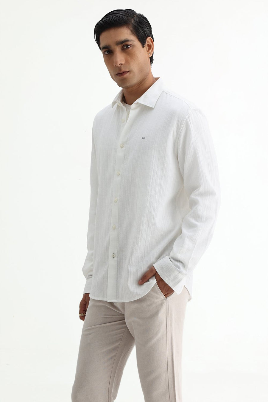 BASICS SLIM FIT BLUE COTTON DOBBY STRIPE SHIRT