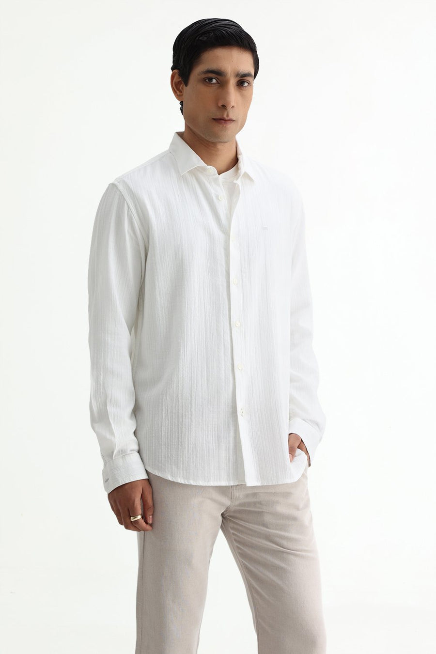 BASICS SLIM FIT BLUE COTTON DOBBY STRIPE SHIRT
