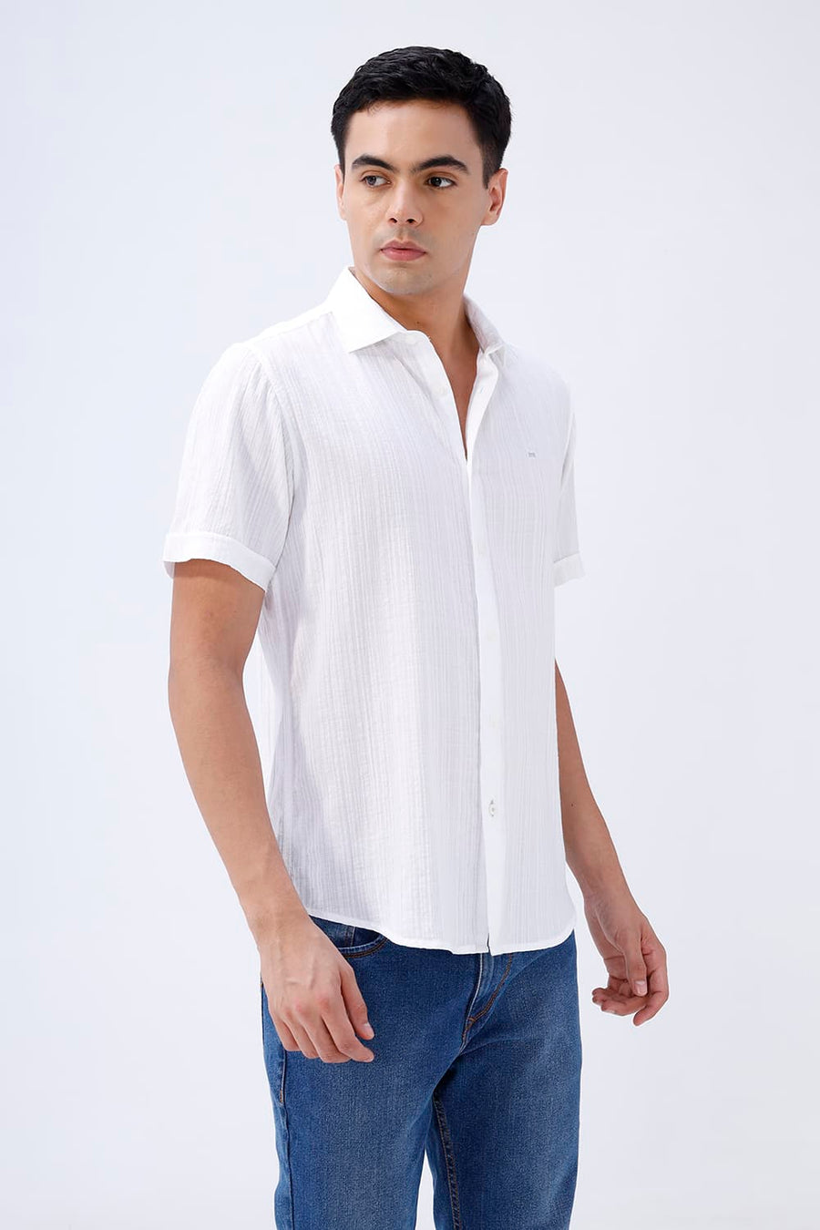 BASICS SLIM FIT BLUE COTTON DOBBY STRIPE HALFSLEEVES SHIRT