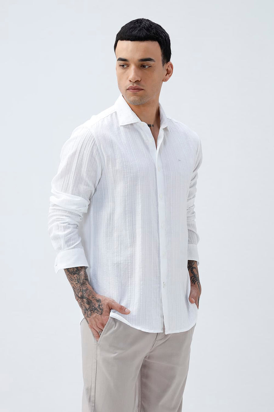 BASICS SLIM FIT BLUE COTTON DOBBY STRIPE SHIRT