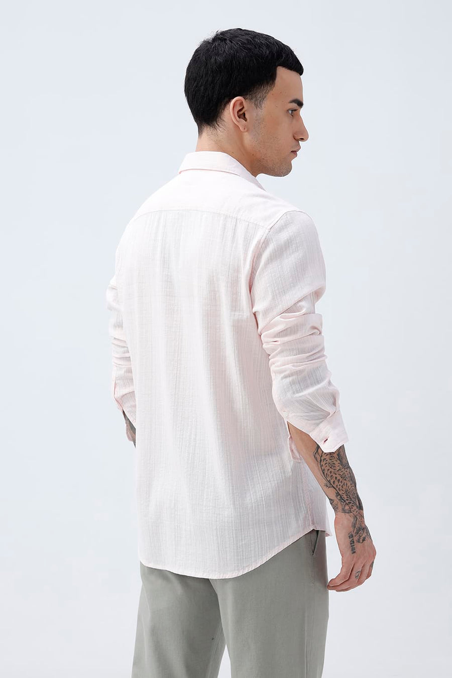 BASICS SLIM FIT BLUE COTTON DOBBY STRIPE SHIRT
