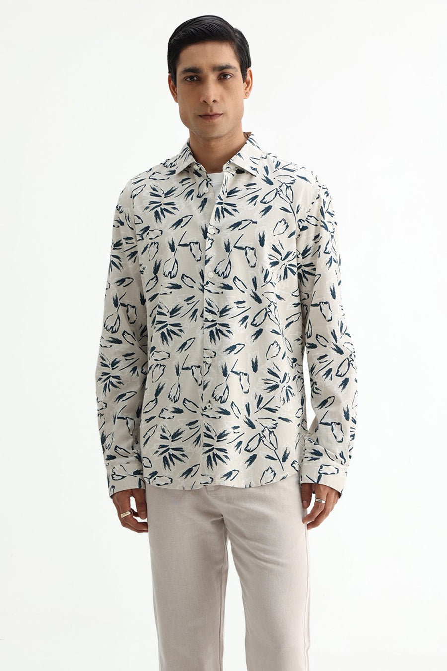 BASICS SLIM FIT BLUE COTTON DOBBY STRIPE SHIRT
