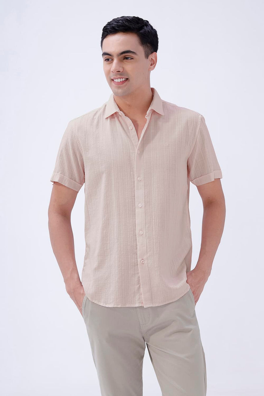 BASICS SLIM FIT BLUE COTTON DOBBY STRIPE HALFSLEEVES SHIRT