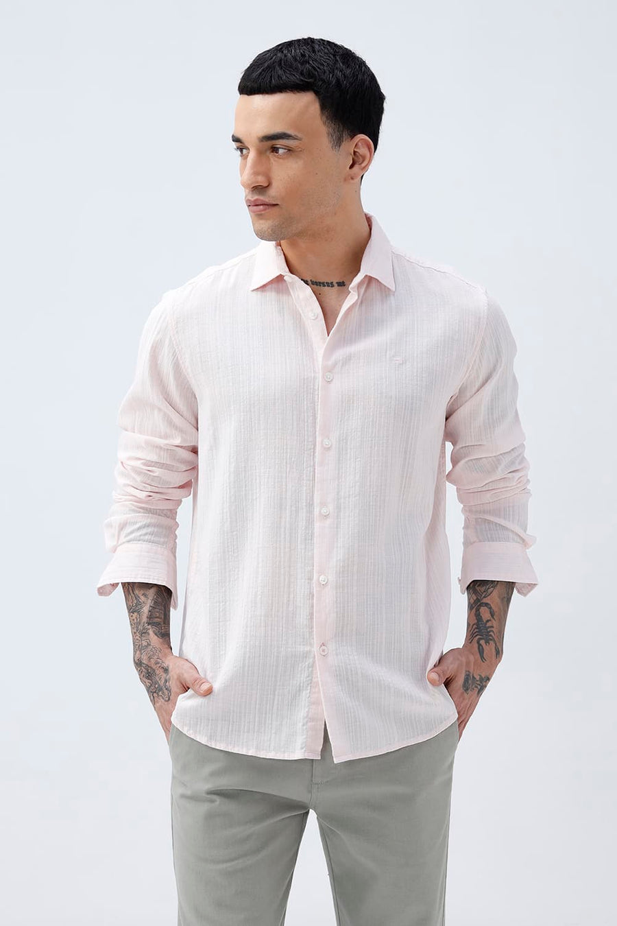 BASICS SLIM FIT BLUE COTTON DOBBY STRIPE SHIRT