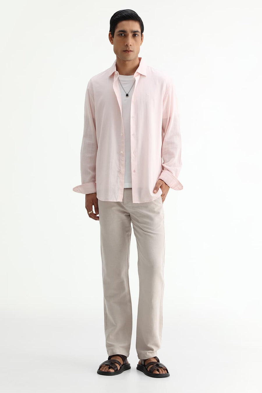 BASICS SLIM FIT BLUE COTTON DOBBY STRIPE SHIRT