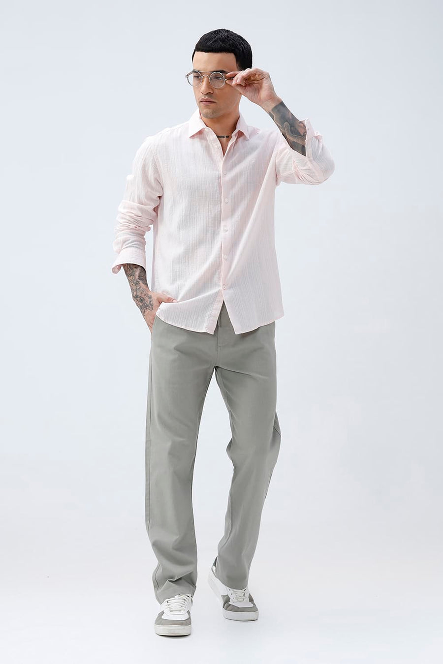 BASICS SLIM FIT BLUE COTTON DOBBY STRIPE SHIRT