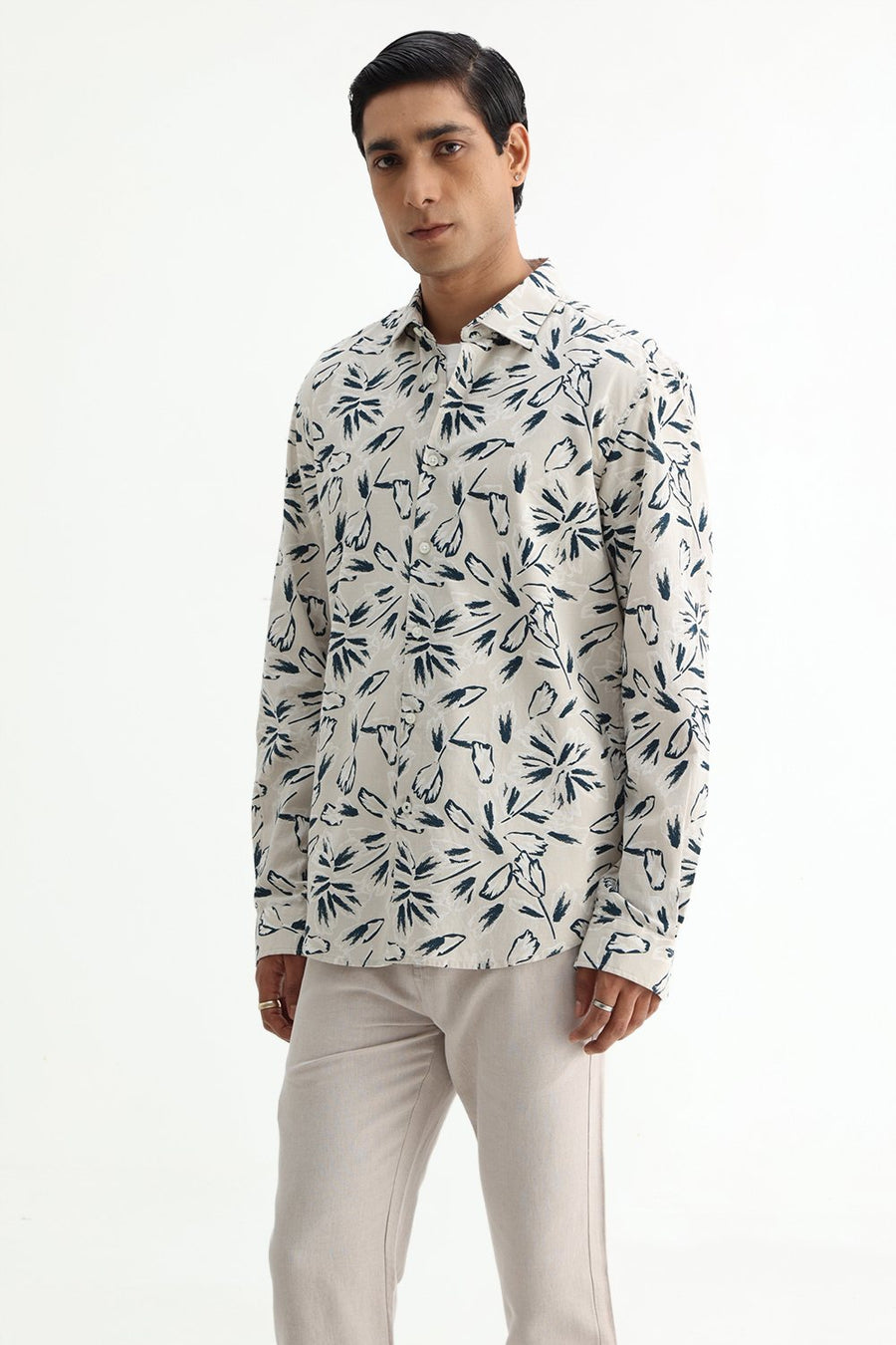 BASICS SLIM FIT BLUE COTTON DOBBY STRIPE SHIRT