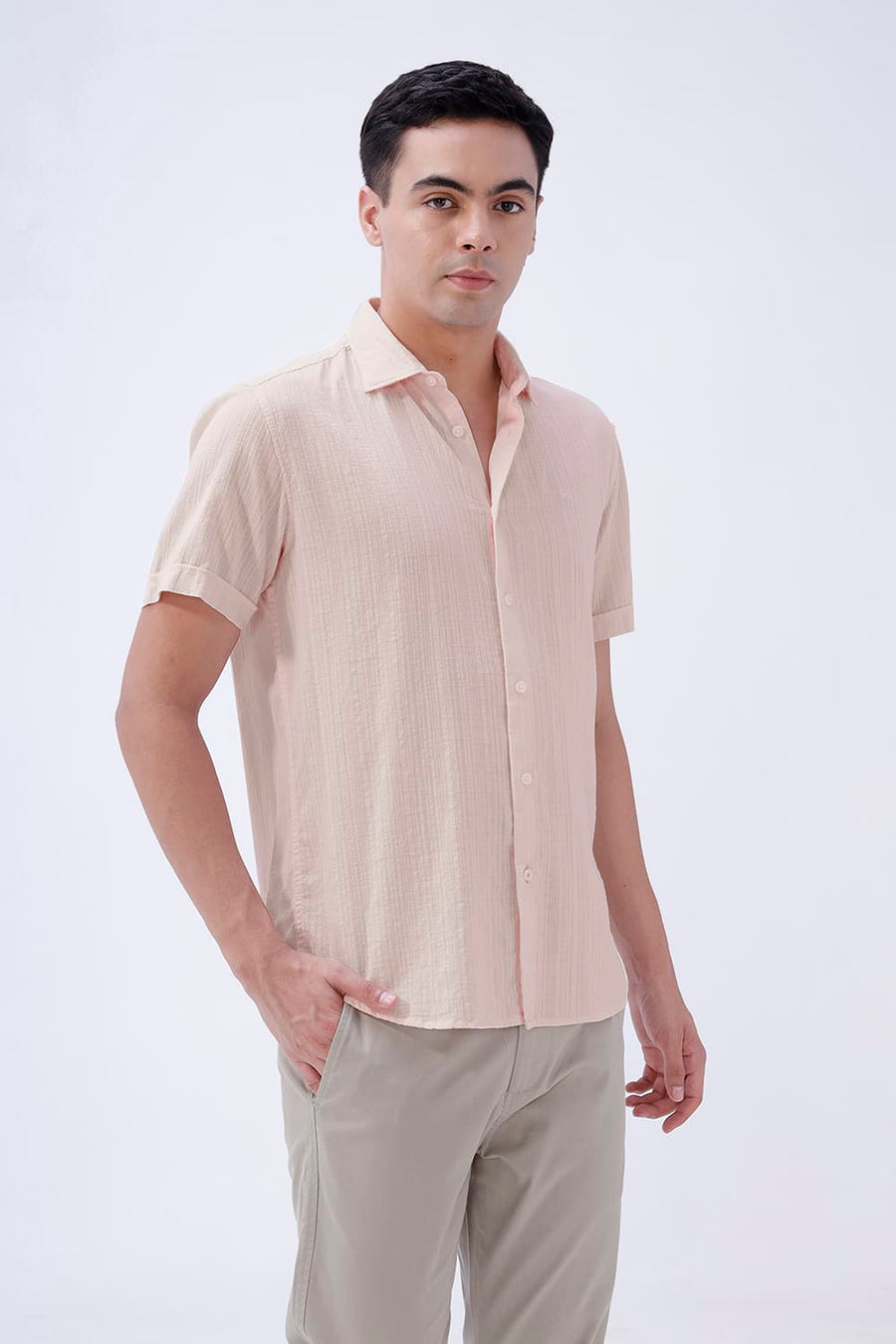 BASICS SLIM FIT BLUE COTTON DOBBY STRIPE HALFSLEEVES SHIRT