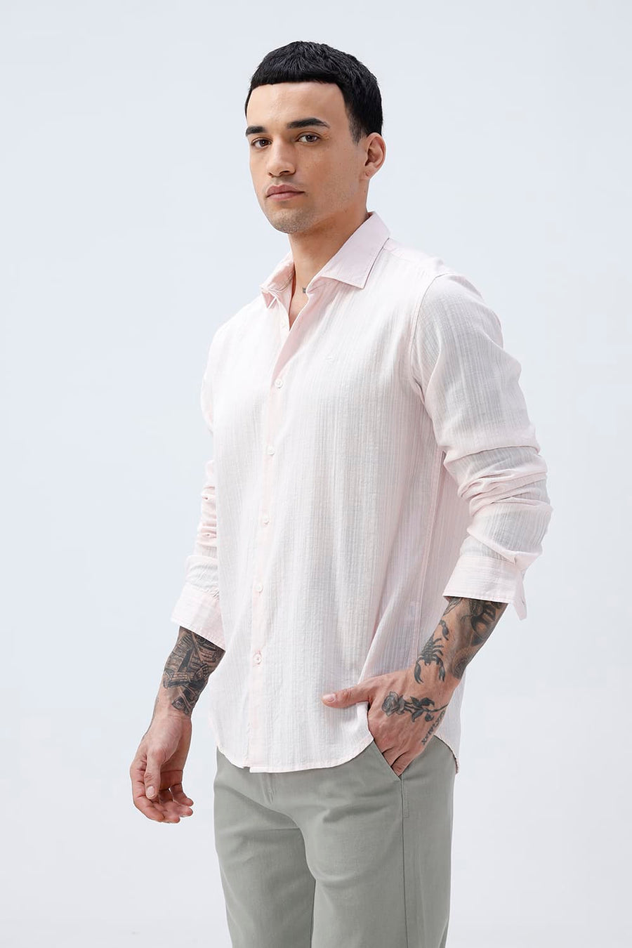 BASICS SLIM FIT BLUE COTTON DOBBY STRIPE SHIRT