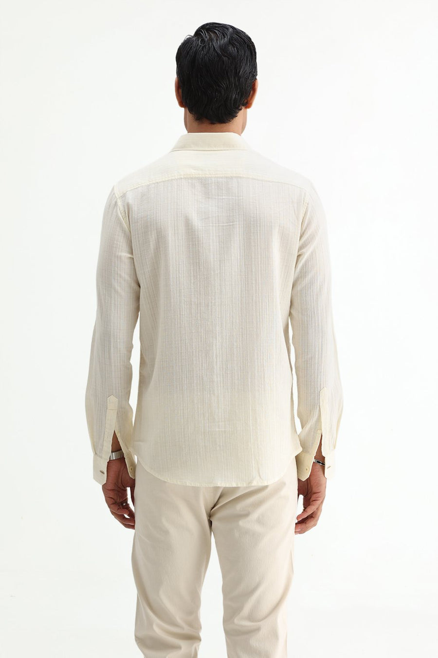 BASICS SLIM FIT BEIGE COTTON DOBBY STRIPE SHIRT