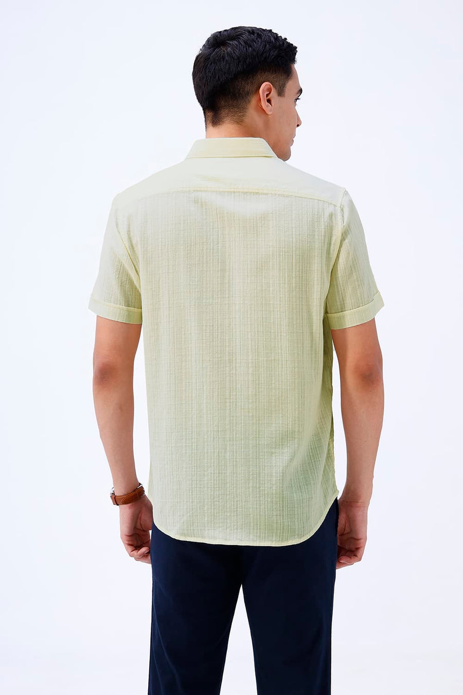 BASICS SLIM FIT BEIGE COTTON DOBBY STRIPE HALFSLEEVES SHIRT