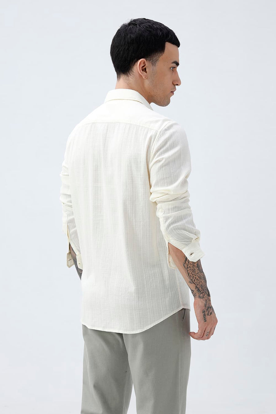 BASICS SLIM FIT BEIGE COTTON DOBBY STRIPE SHIRT