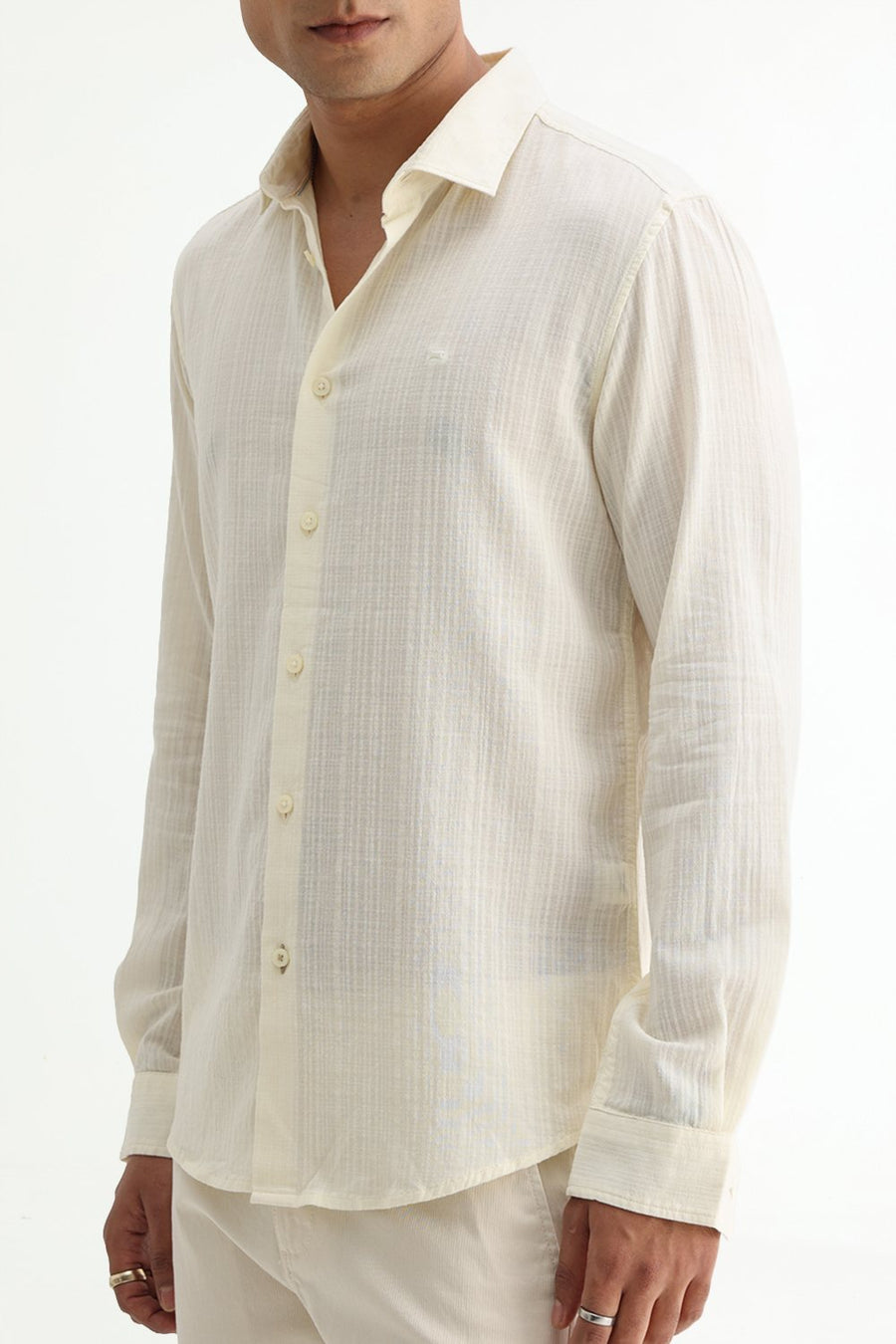 BASICS SLIM FIT BEIGE COTTON DOBBY STRIPE SHIRT