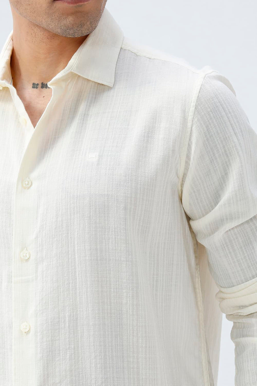 BASICS SLIM FIT BEIGE COTTON DOBBY STRIPE SHIRT