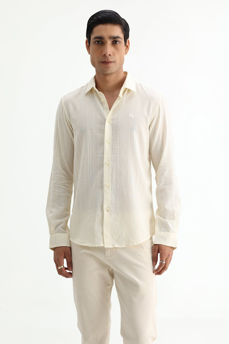 BASICS SLIM FIT BEIGE COTTON DOBBY STRIPE SHIRT