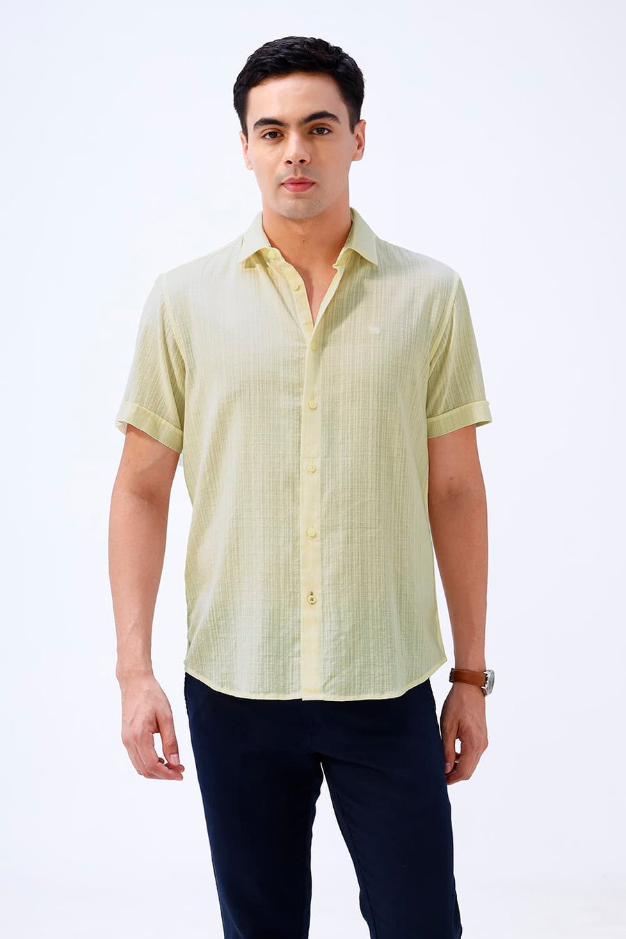 BASICS SLIM FIT BEIGE COTTON DOBBY STRIPE HALFSLEEVES SHIRT