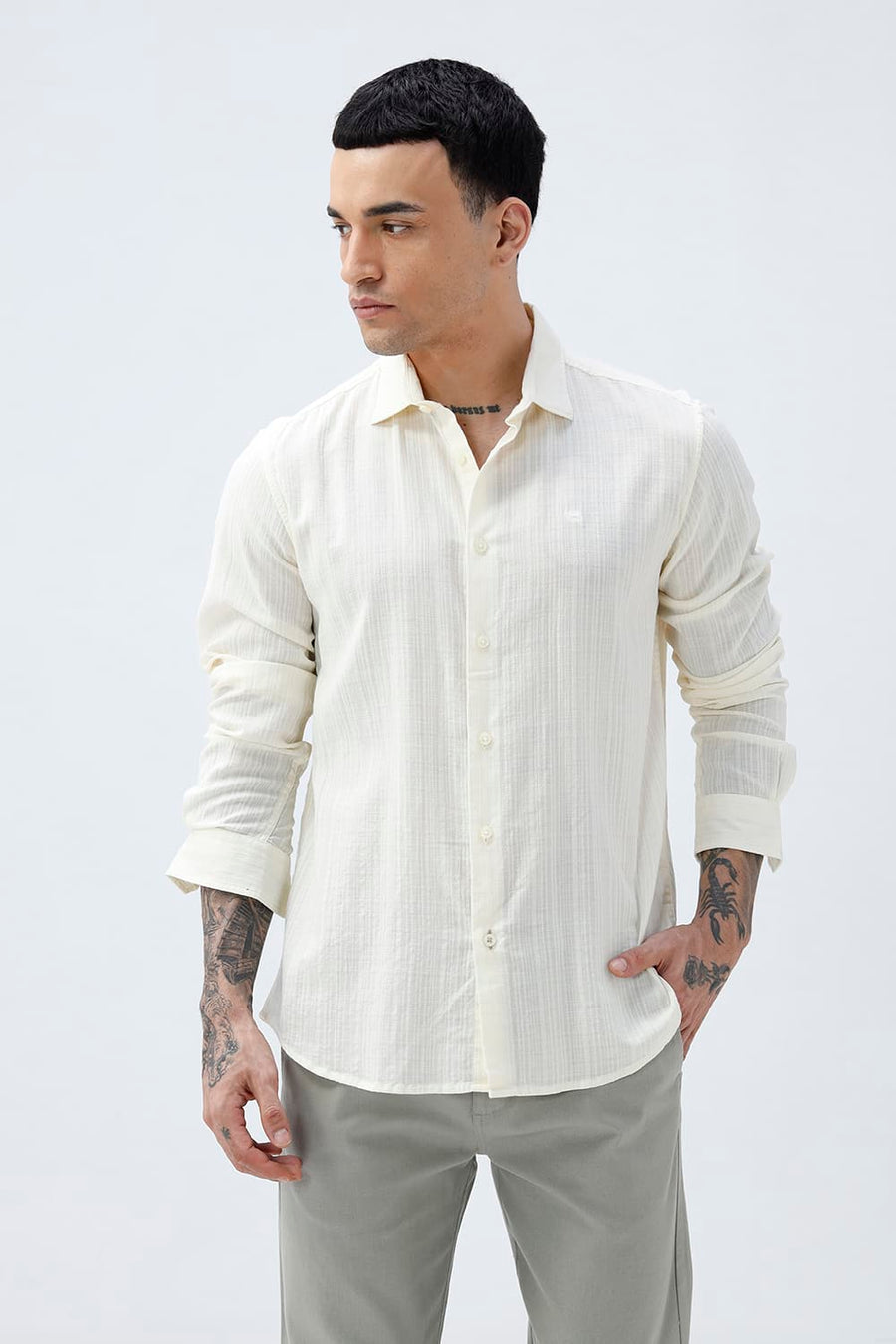 BASICS SLIM FIT BEIGE COTTON DOBBY STRIPE SHIRT