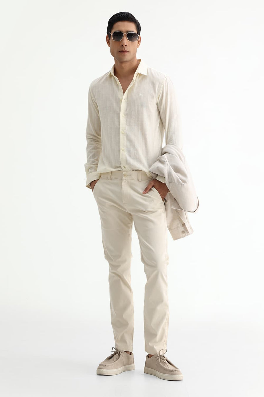 BASICS SLIM FIT BEIGE COTTON DOBBY STRIPE SHIRT