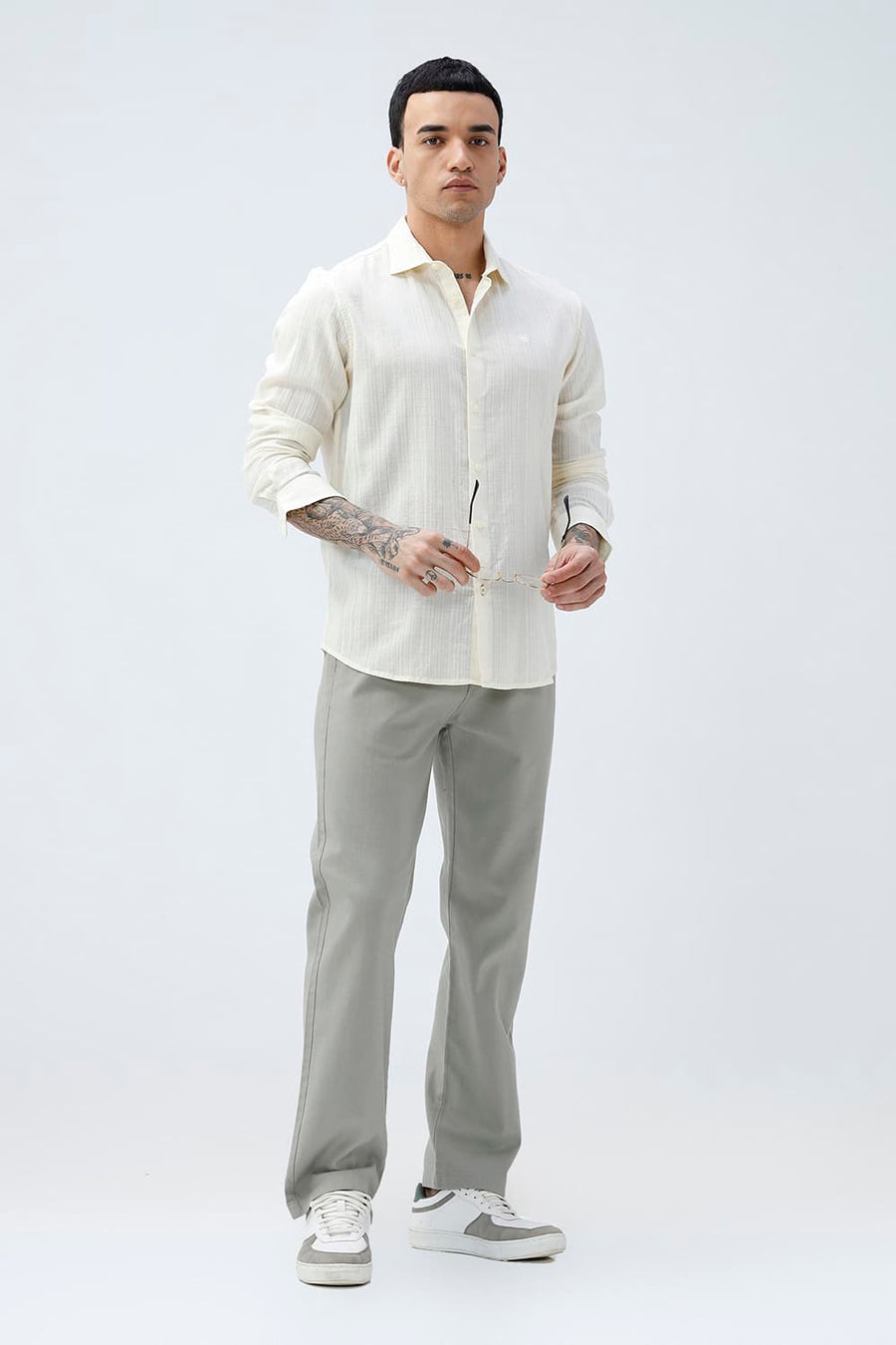BASICS SLIM FIT BEIGE COTTON DOBBY STRIPE SHIRT