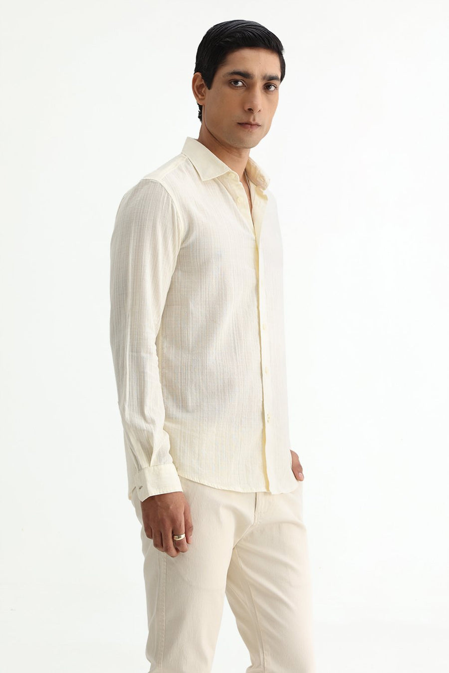 BASICS SLIM FIT BEIGE COTTON DOBBY STRIPE SHIRT