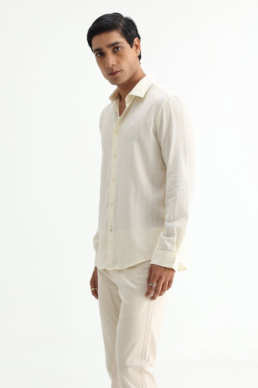 BASICS SLIM FIT BEIGE COTTON DOBBY STRIPE SHIRT