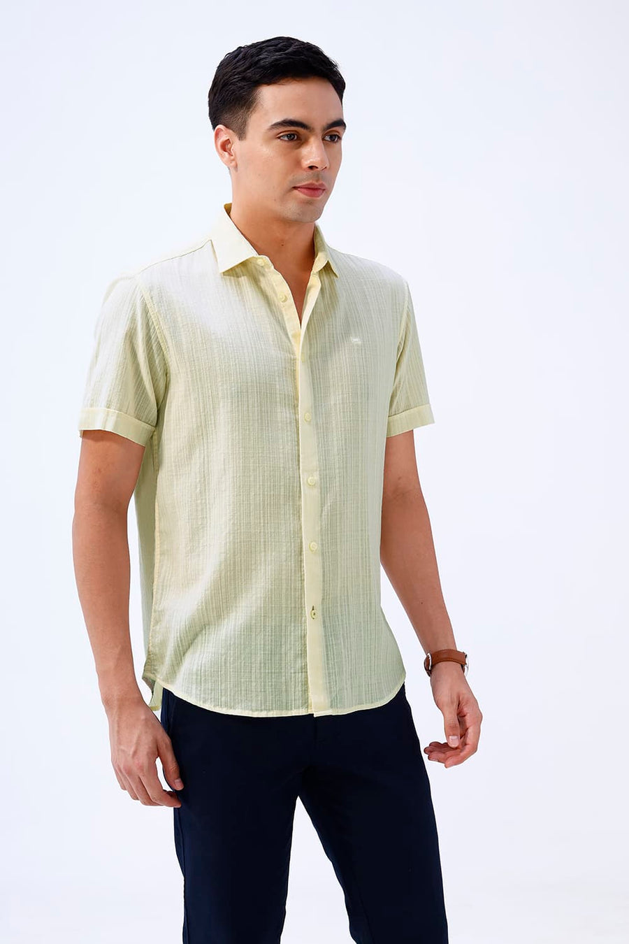 BASICS SLIM FIT BEIGE COTTON DOBBY STRIPE HALFSLEEVES SHIRT