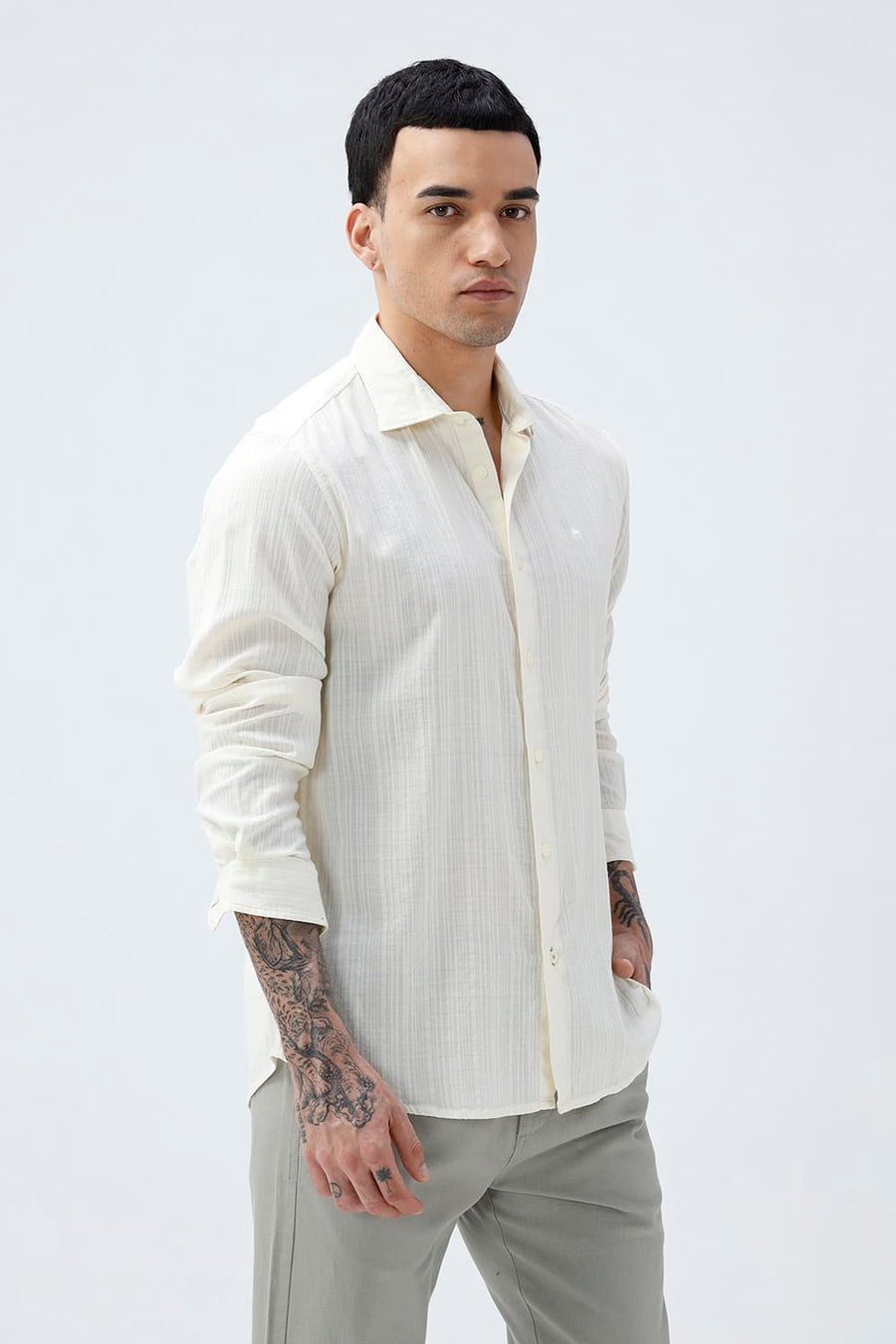 BASICS SLIM FIT BEIGE COTTON DOBBY STRIPE SHIRT