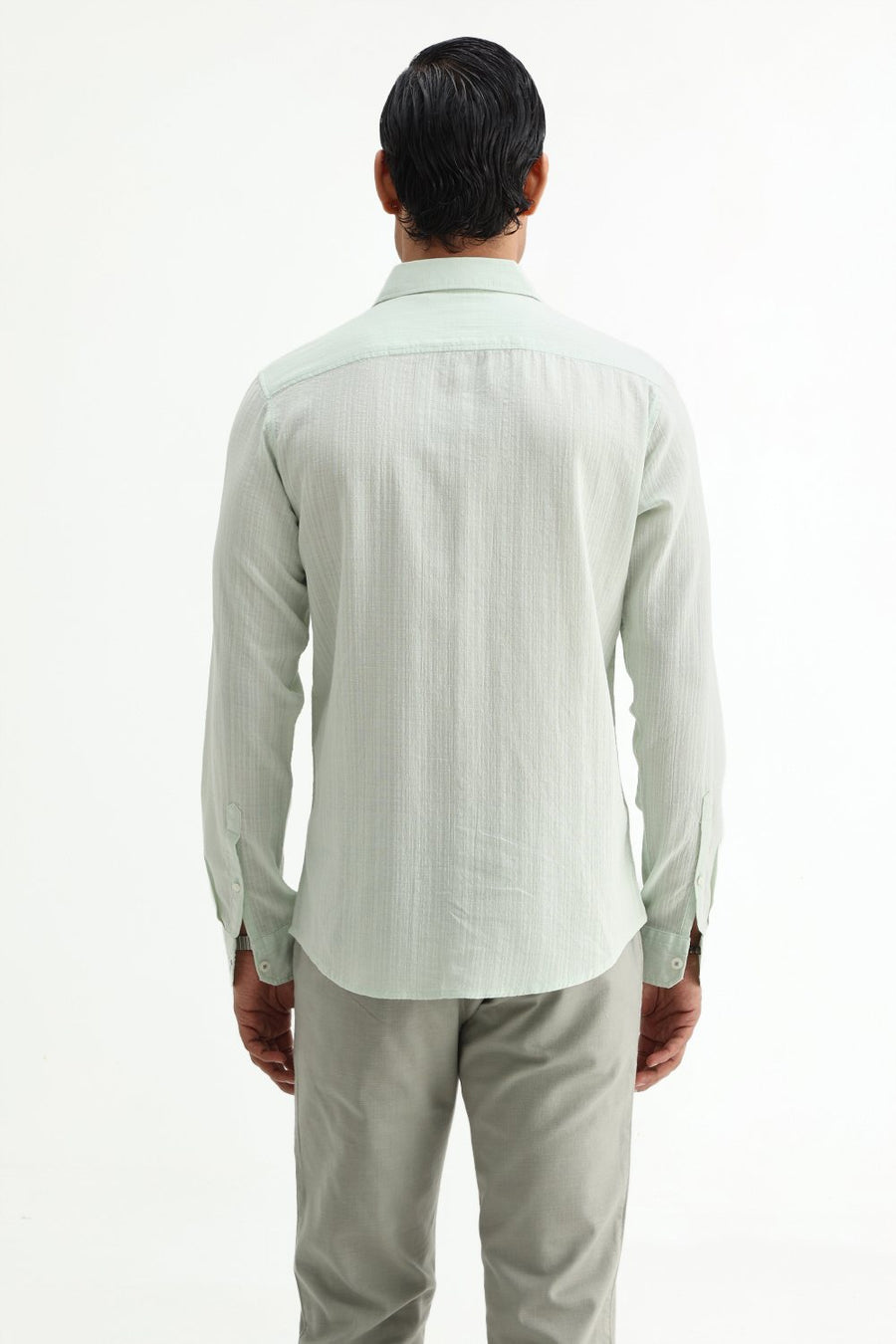 BASICS SLIM FIT GREEN COTTON DOBBY STRIPE SHIRT