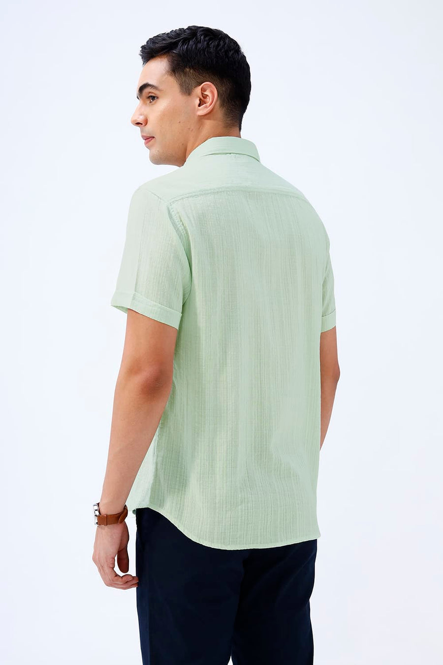 BASICS SLIM FIT GREEN COTTON DOBBY STRIPE HALFSLEEVES SHIRT