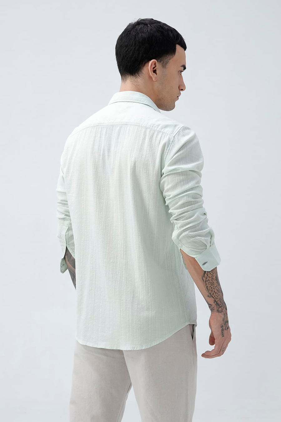BASICS SLIM FIT GREEN COTTON DOBBY STRIPE SHIRT