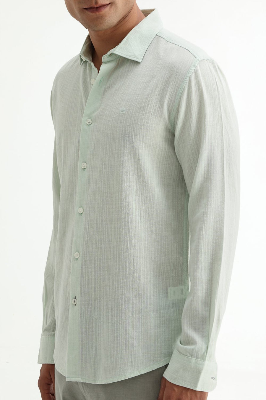 BASICS SLIM FIT GREEN COTTON DOBBY STRIPE SHIRT
