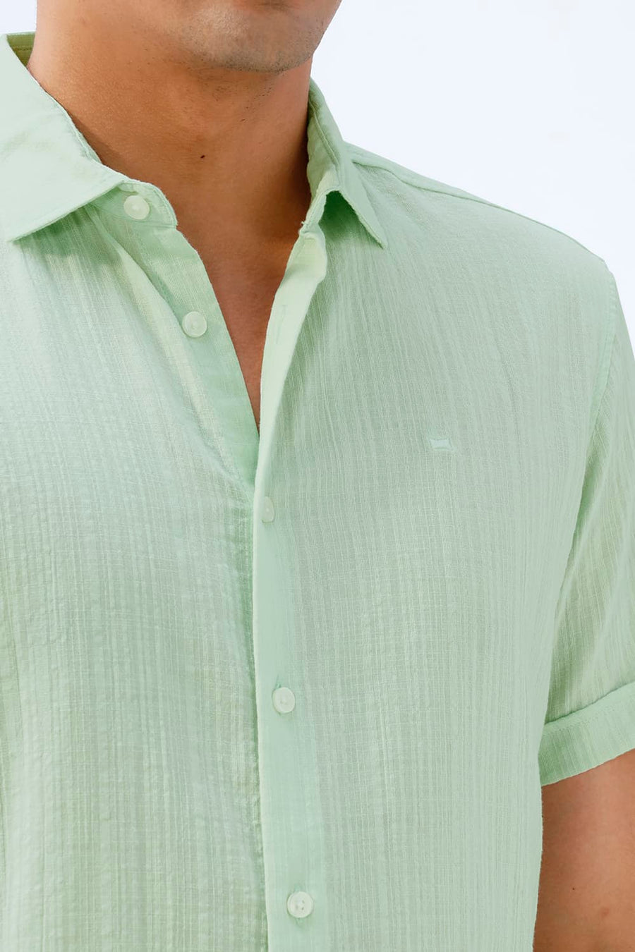 BASICS SLIM FIT GREEN COTTON DOBBY STRIPE HALFSLEEVES SHIRT