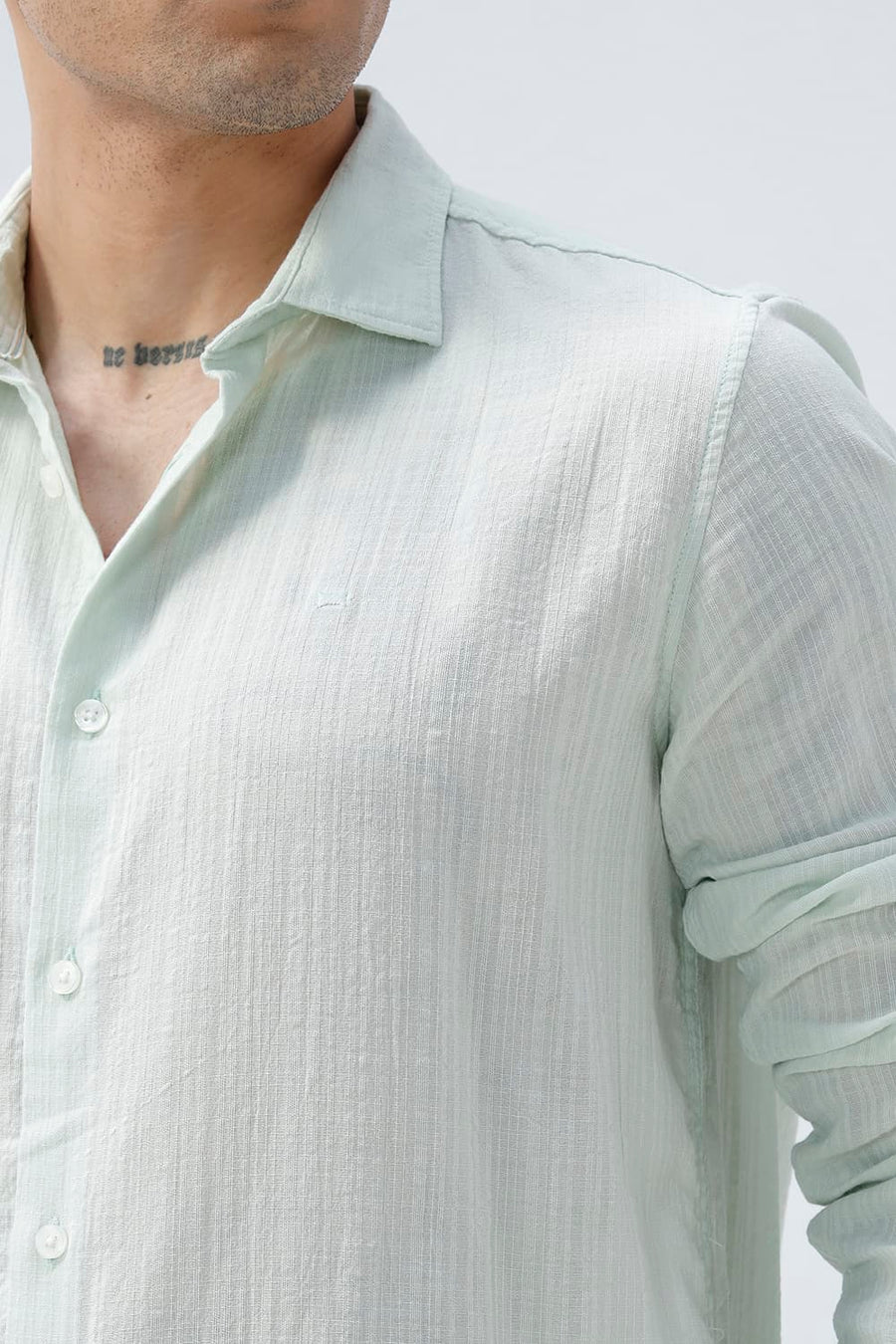 BASICS SLIM FIT GREEN COTTON DOBBY STRIPE SHIRT