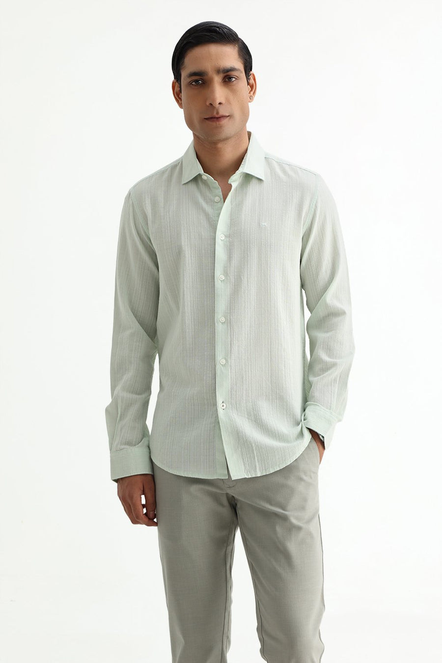 BASICS SLIM FIT GREEN COTTON DOBBY STRIPE SHIRT