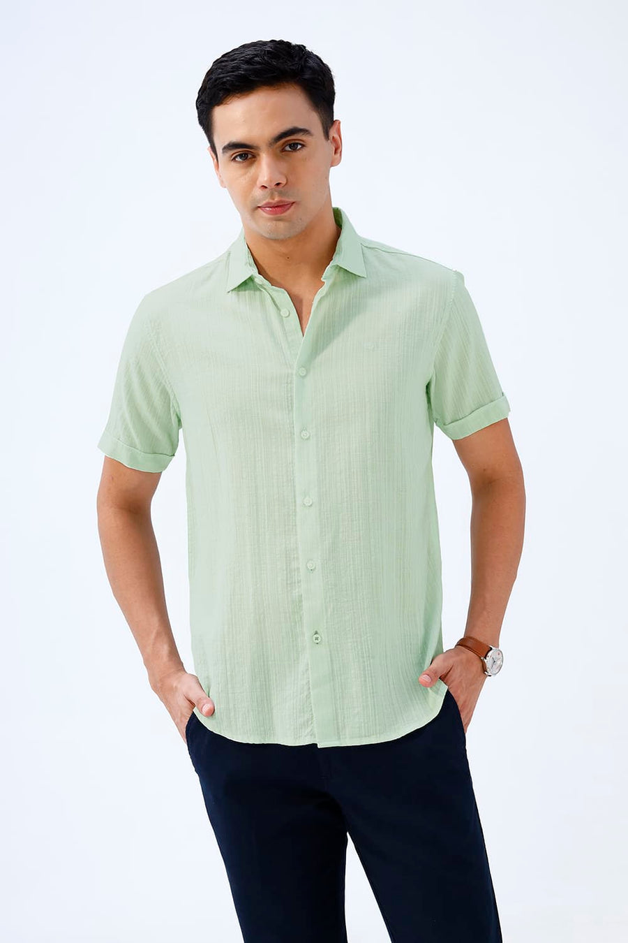 BASICS SLIM FIT GREEN COTTON DOBBY STRIPE HALFSLEEVES SHIRT