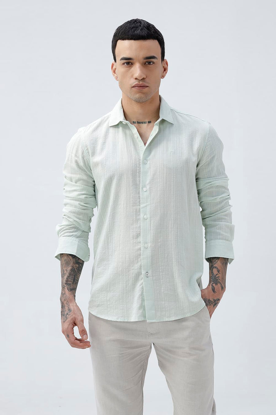 BASICS SLIM FIT GREEN COTTON DOBBY STRIPE SHIRT