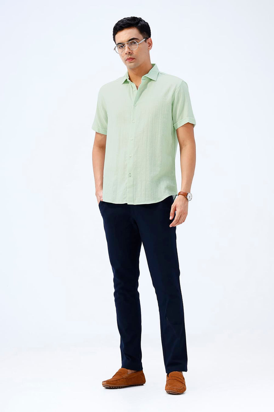 BASICS SLIM FIT GREEN COTTON DOBBY STRIPE HALFSLEEVES SHIRT