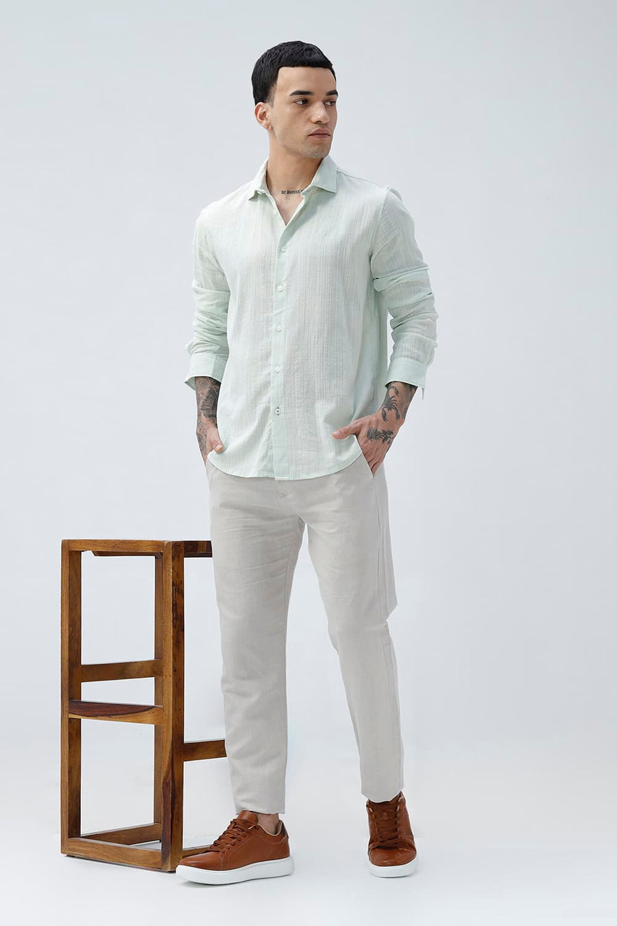 BASICS SLIM FIT GREEN COTTON DOBBY STRIPE SHIRT