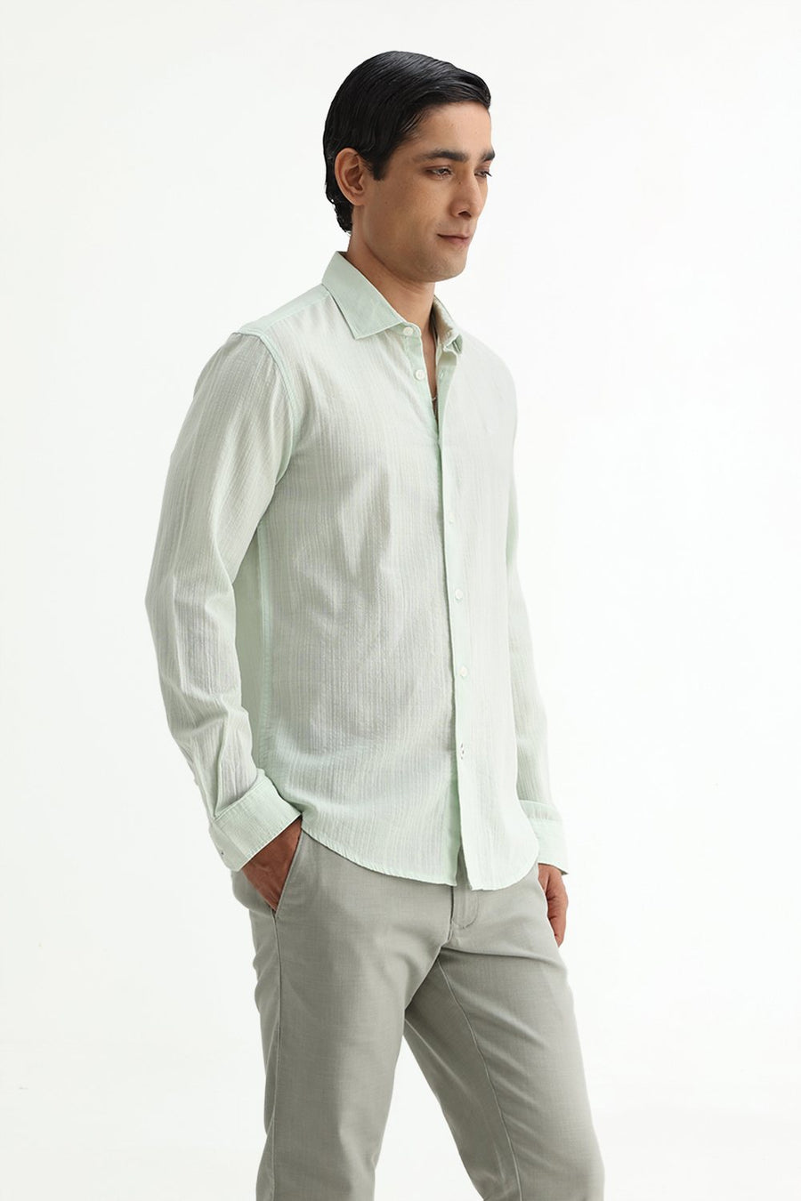 BASICS SLIM FIT GREEN COTTON DOBBY STRIPE SHIRT