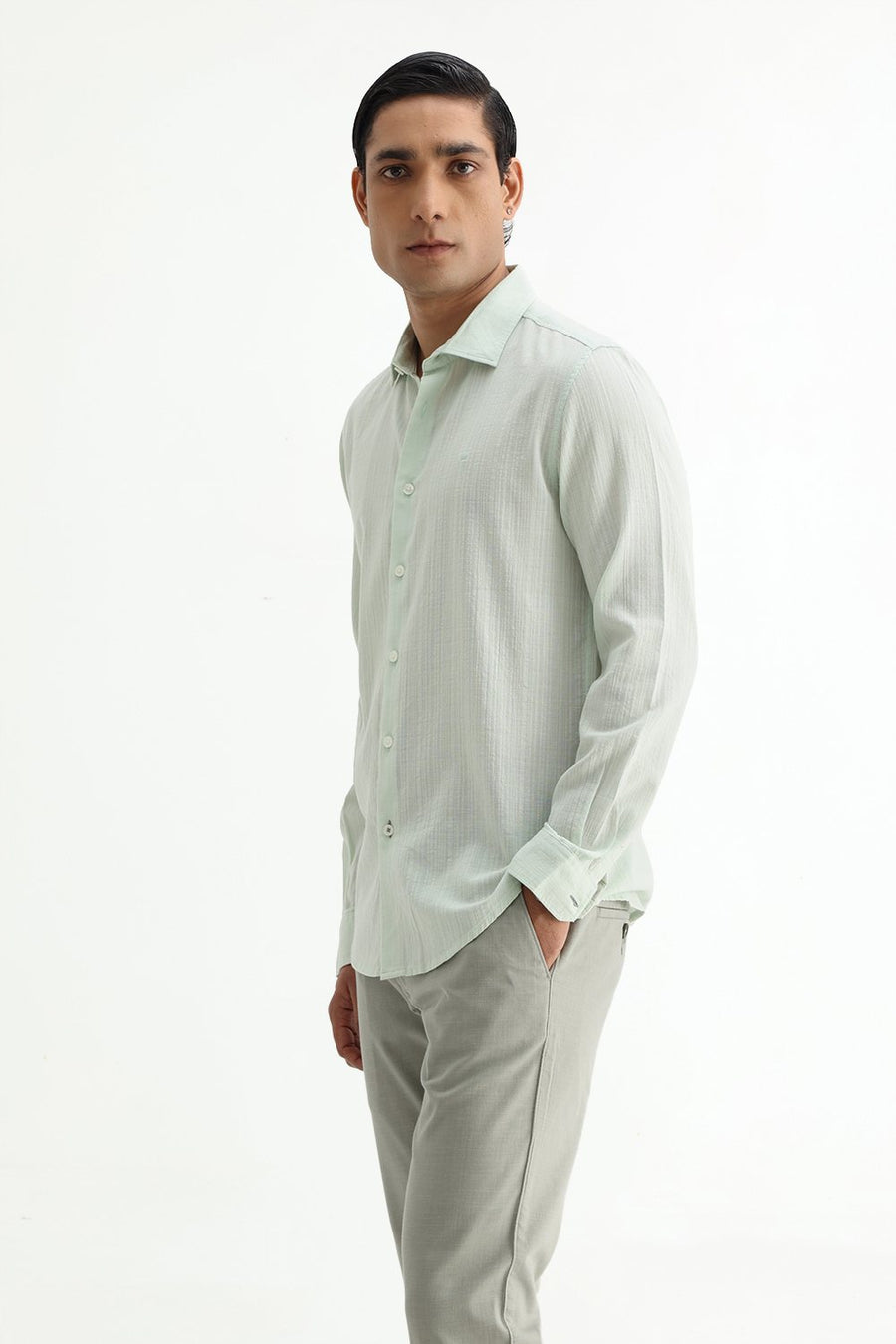 BASICS SLIM FIT GREEN COTTON DOBBY STRIPE SHIRT