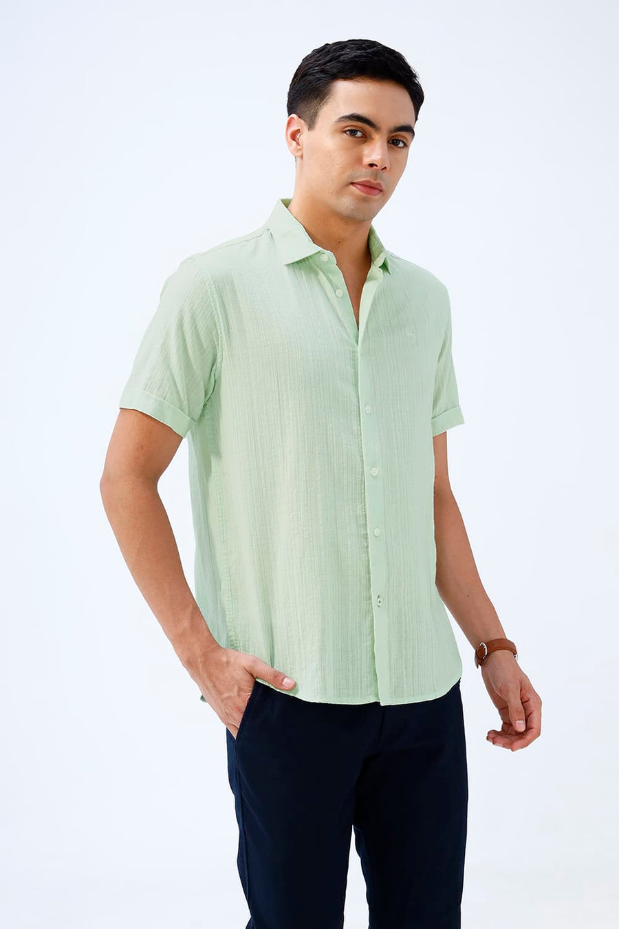 BASICS SLIM FIT GREEN COTTON DOBBY STRIPE HALFSLEEVES SHIRT