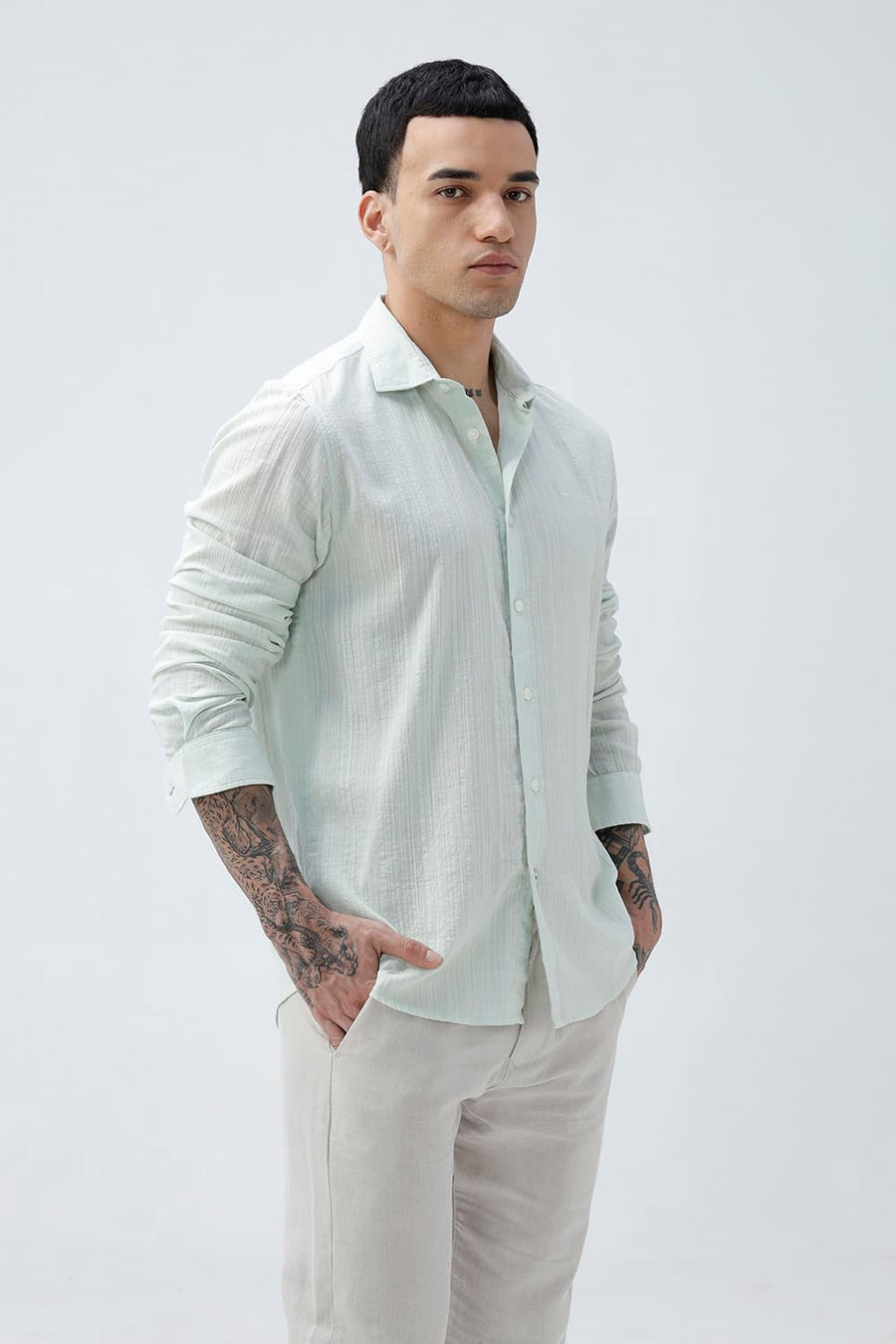BASICS SLIM FIT GREEN COTTON DOBBY STRIPE SHIRT